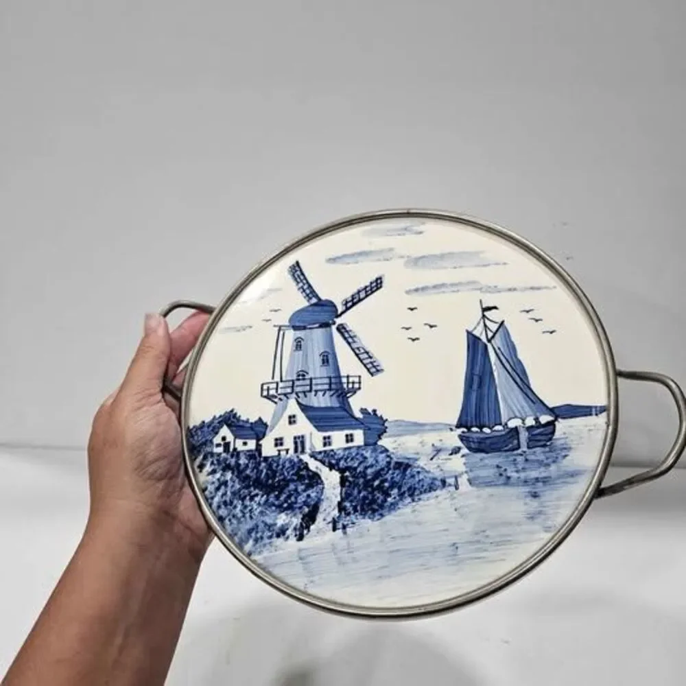 Vintage Dutch Delft Blue Windmill Sailboat Trivet Hot Plate with Handles.